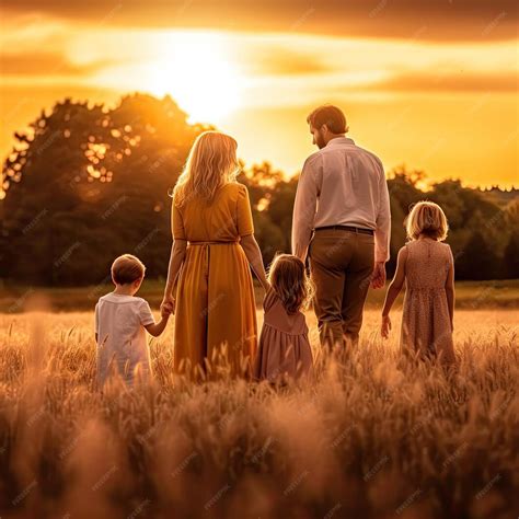 Une famille se promenant dans un paysage de champs et de bois