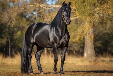 Cheval noir avec des accessoires violets