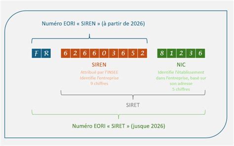 Schéma expliquant les différents identifiants d'entreprise : SIREN, SIRET, TVA, EORI