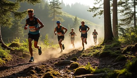 Groupe de coureurs de trail en pleine action sur un sentier de montagne