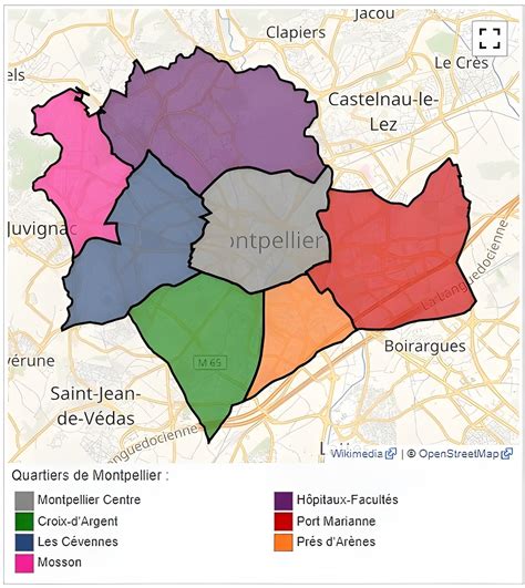 Carte administrative de Montpellier avec ses quartiers et sous-quartiers