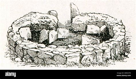 Cheval près d'un cercle de huttes en pierre