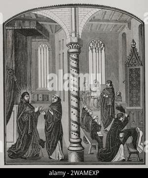 Une gravure ancienne représentant des mendiants et des riches