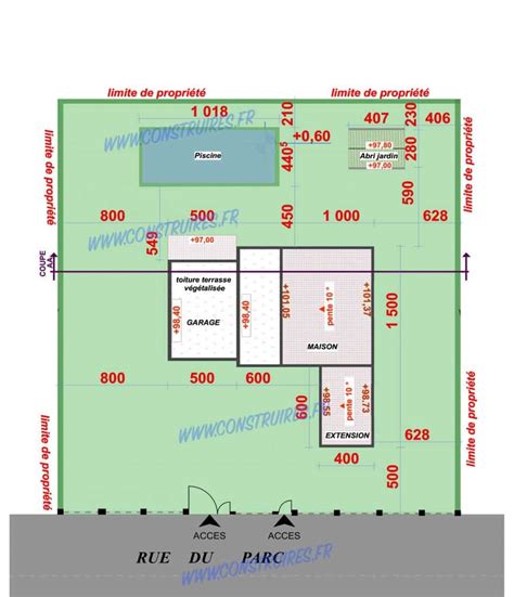 Plan de masse d'une propriété avec terrain, garages et maison