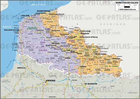 Carte de la région Nord-Pas-de-Calais avec un point marquant Ennevelin et les communes environnantes