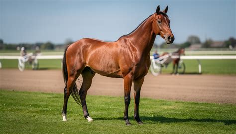 Un cheval de course trotteur en pleine action sur une piste hippique