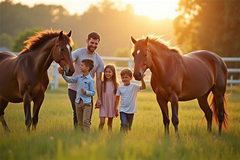 Une famille avec un cheval et plusieurs chiens dans un pré