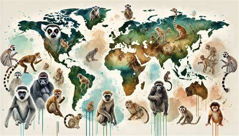 Illustration d'un groupe de primates dans leur habitat naturel