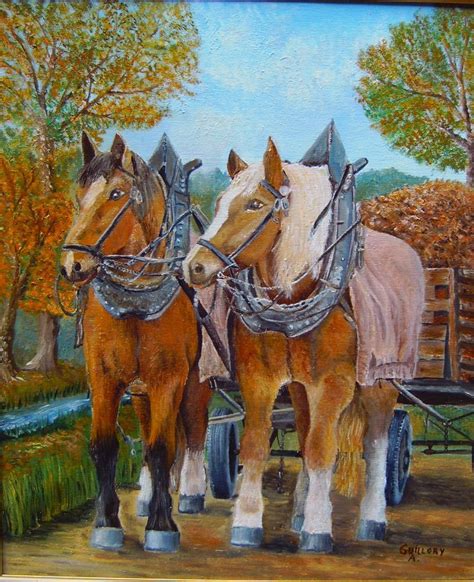 Peinture de deux chevaux de trait devant une grange
