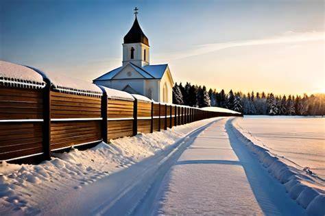 Représentation d'une église dans un paysage enneigé