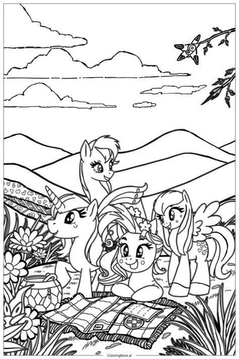 Page de coloriage avec plusieurs poneys My Little Pony