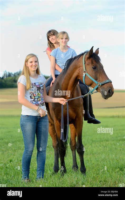 Trois jeunes filles à cheval dans un pré