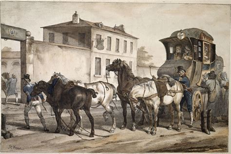 Une calèche ancienne tirée par des chevaux dans une rue pavée