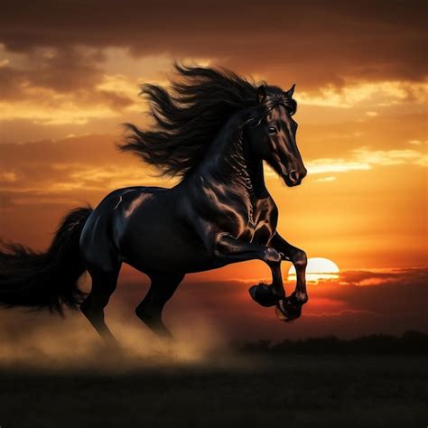 Cheval noir majestueux au coucher du soleil
