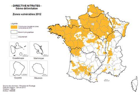 Carte montrant les zones vulnérables à la pollution par les nitrates en France