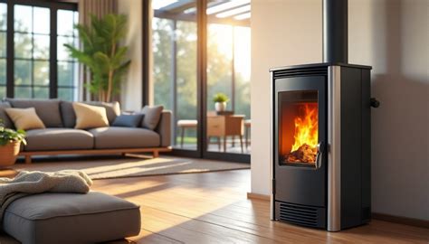 Intérieur d'un gîte avec poêle à pellets et vue sur la vallée