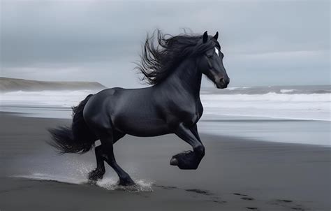 Un jeune garçon caressant un cheval noir sur une plage