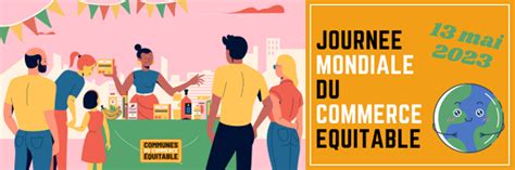 Image symbolisant la célébration de la Journée Mondiale du Commerce Équitable, avec des drapeaux et des personnes souriantes.