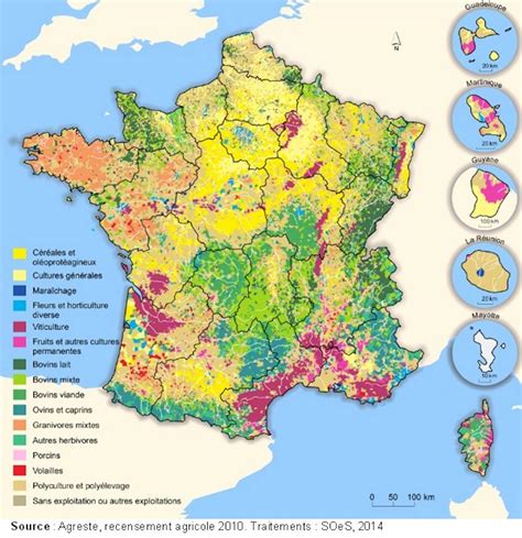 Carte montrant les régions agricoles en France