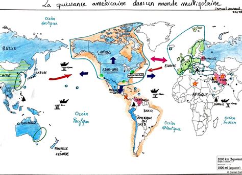 Carte du monde avec les zones d'influence des États-Unis
