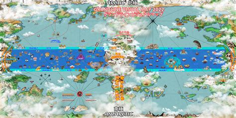 Une carte du monde fictif de One Piece avec des îles diverses et colorées