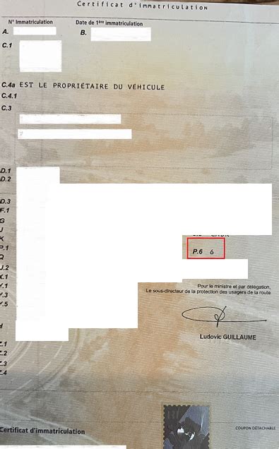 Carte grise avec la case P.6 mise en évidence