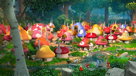 Village des Schtroumpfs avec maisons champignons