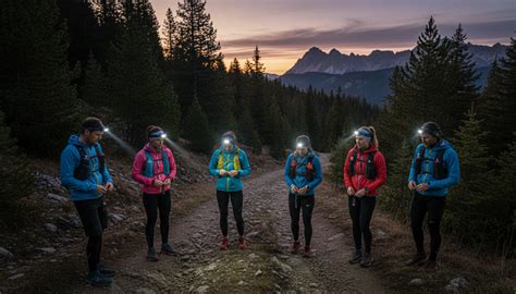 Forêt illuminée par des lampes frontales lors d'une course nocturne
