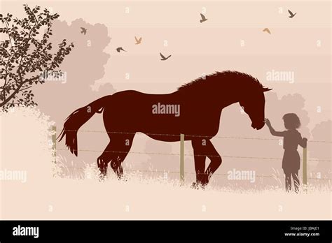 Illustration d'une jeune fille caressant un cheval dans un pré