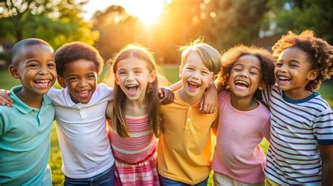 Groupe d'enfants riant autour d'un poney