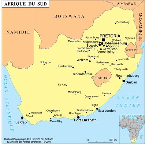 Carte de l'Afrique du Sud avec des points marquant les villes des équipes du Diski Challenge