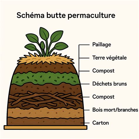 Schéma de construction d'une butte de culture en permaculture intégrant du fumier