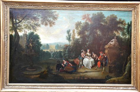 Peinture d'une calèche élégante se promenant dans un paysage champêtre au XVIIIe siècle.