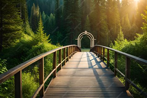 Cheval traversant un pont en bois dans une forêt