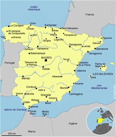 Carte de l'Espagne avec les villes de Séville et Barcelone mises en évidence