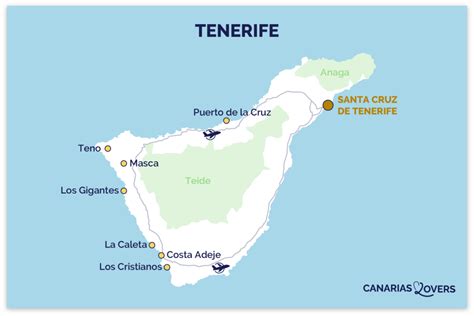 Carte de Tenerife montrant l'emplacement de l'Aéroport de Tenerife Sud par rapport aux principales villes