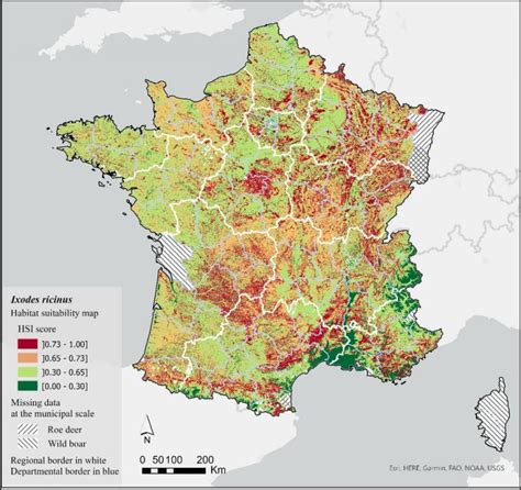 Carte de répartition géographique d'Ixodes ricinus en France.