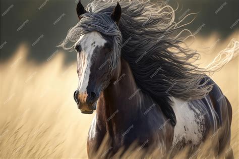 Cheval noir avec une crinière au vent