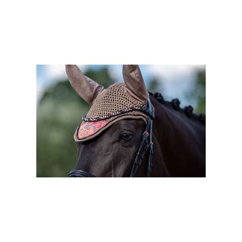 Détail du mors doré sur un bonnet anti-mouches HKM