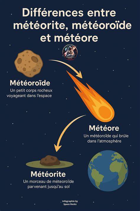 Schéma expliquant la différence entre météoroïde, météore et météorite