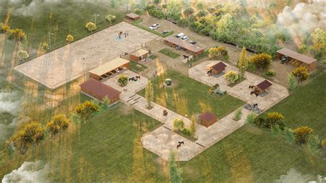 Plan d'ensemble d'une écurie moderne avec bâtiment principal en bois et écurie active adjacente