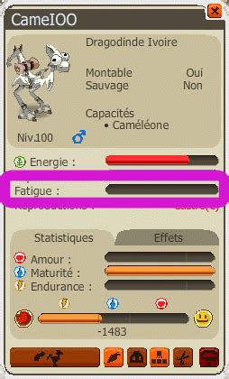 Interface d'élevage de Dragodinde montrant les jauges d'Amour, Endurance et Maturité