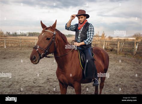 Cow-boy montant un cheval dans un paysage de western