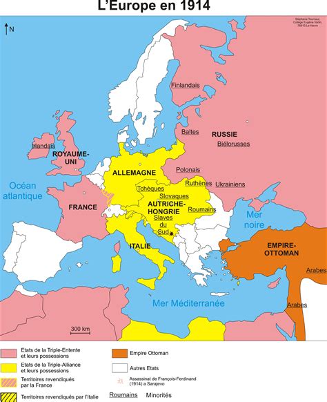 Carte de l'Europe en 1914 montrant les alliances et les mouvements initiaux des troupes