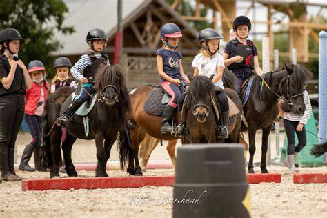Un groupe d'enfants heureux participant à une séance de baby poney