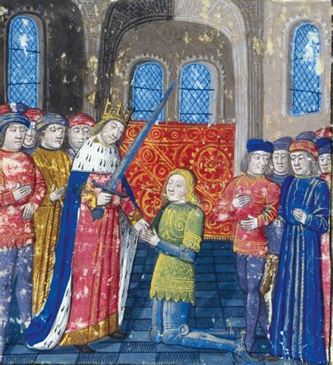 Miniature médiévale représentant un chevalier prêtant serment à une dame