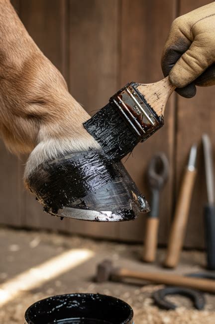 Application de goudron sur un sabot de cheval