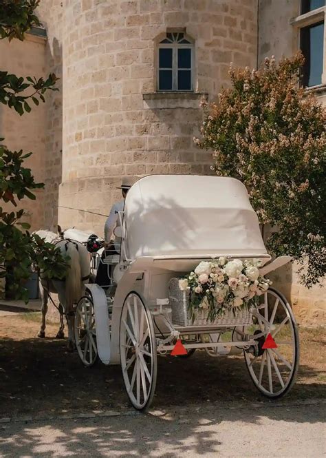 Couple de mariés dans une calèche décorée