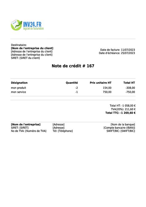 Exemple de note de crédit