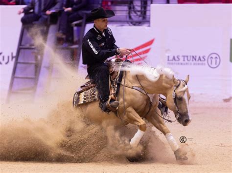 Cavalier et cheval exécutant un arrêt glissé en reining